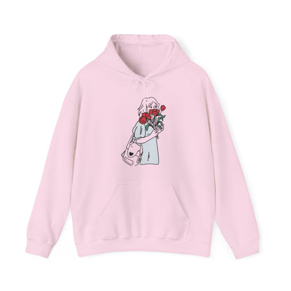 Contour Drawing Girl With Red Flowers Hoodie