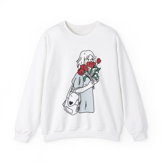 Contour Drawing Girl With Red Flowers Sweatshirt