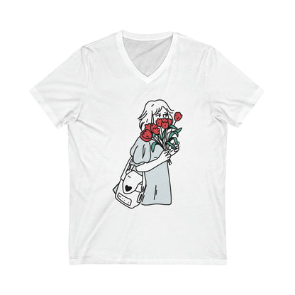 Contour Drawing Girl With Red Flowers V-Neck Shirt