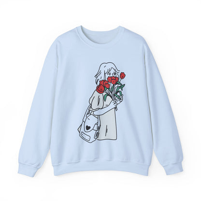 Contour Drawing Girl With Red Flowers Sweatshirt