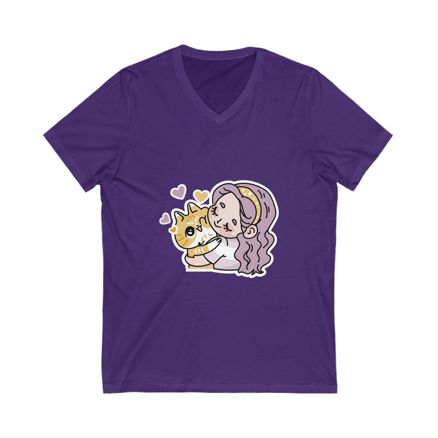 Girl Hugging A Cat Sticker V-Neck Shirt