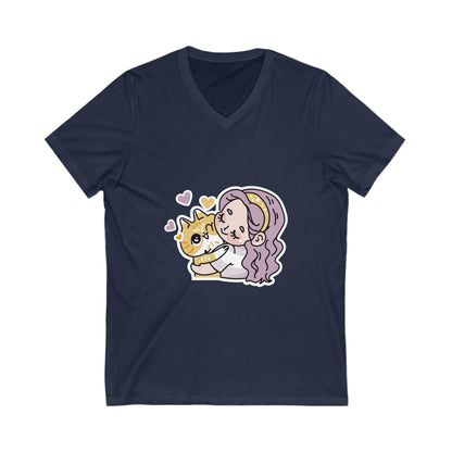 Girl Hugging A Cat Sticker V-Neck Shirt