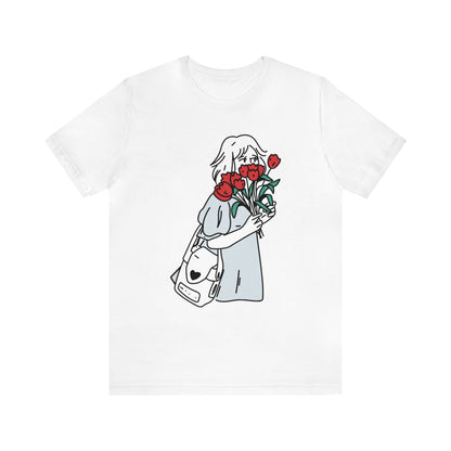 Contour Drawing Girl With Red Flowers Shirt