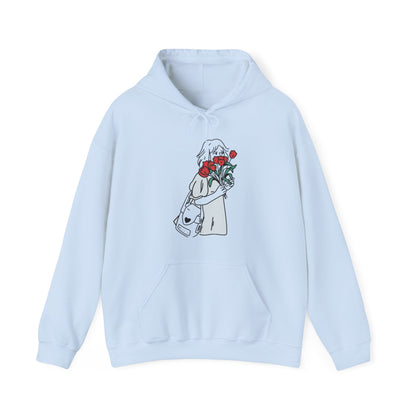 Contour Drawing Girl With Red Flowers Hoodie